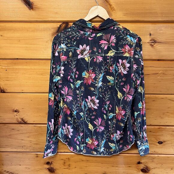 Cino Navy Cotton Floral button-down Shirt Size Large Roll Tab Sleeves - Picture 5 of 5